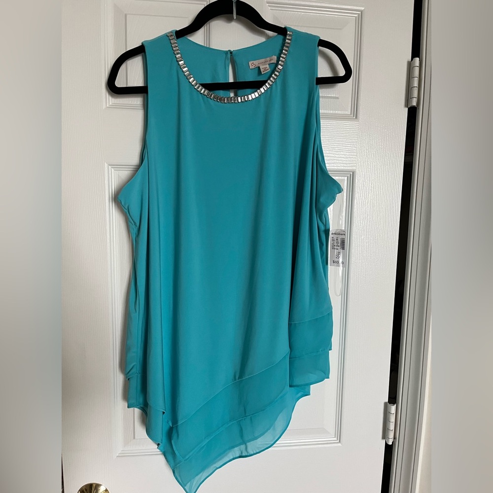 Dress Barn Turquoise Sleeveless Asymmetrical Blouse Embellished Neckline NWT